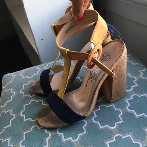 Strappy suede multi color sandal heel